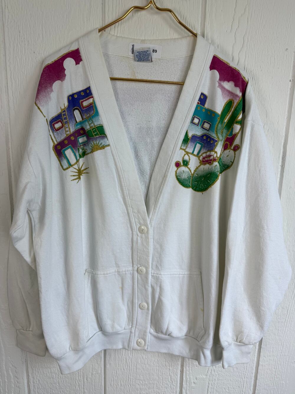 Vintage 1989 Southwest Cardigan Sweatshirt L XL Made USA Cactus Santa Fe 80s